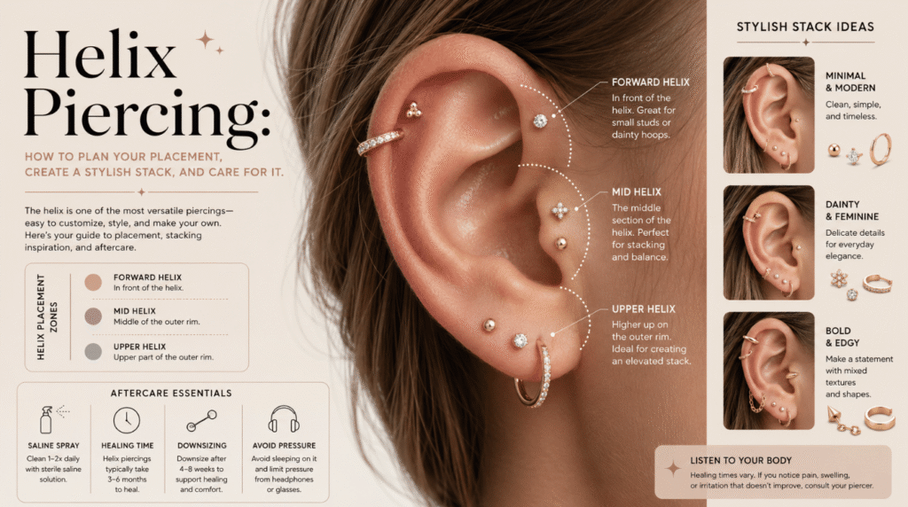 Helix Piercing: How to Plan Your Placement, Create a Stylish Stack, and Care for It