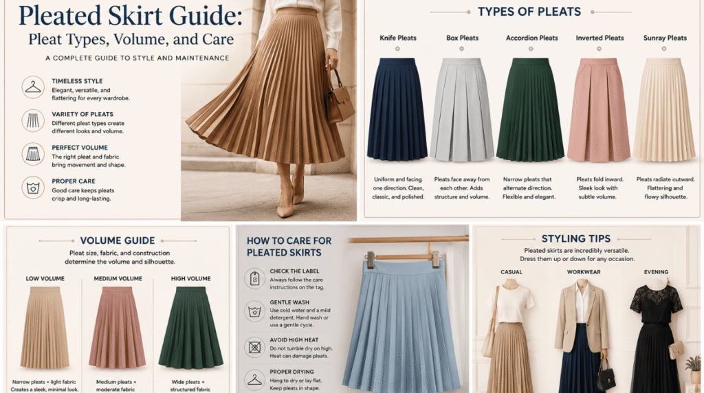 Pleated Skirt: Everything You Need to Know About Pleat Types, Volume, Care, and Outfit Ideas