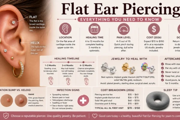 Flat Ear Piercing Guide: Healing Time, Pain Level, Cost, Jewelry, and Aftercare Explained (2026)