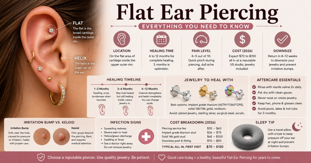 Flat Ear Piercing Guide: Healing Time, Pain Level, Cost, Jewelry, and Aftercare Explained (2026)