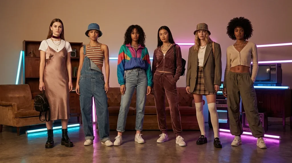 The six 90s outfits, side by side